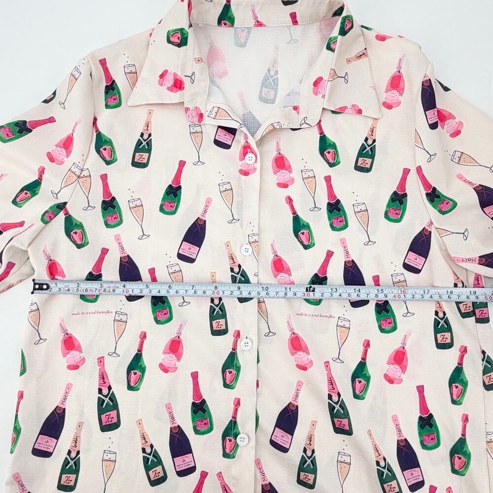 Champagne Bottle Print Button Front Blouse Women’s Medium Pink Novelty Top - Picture 6 of 8